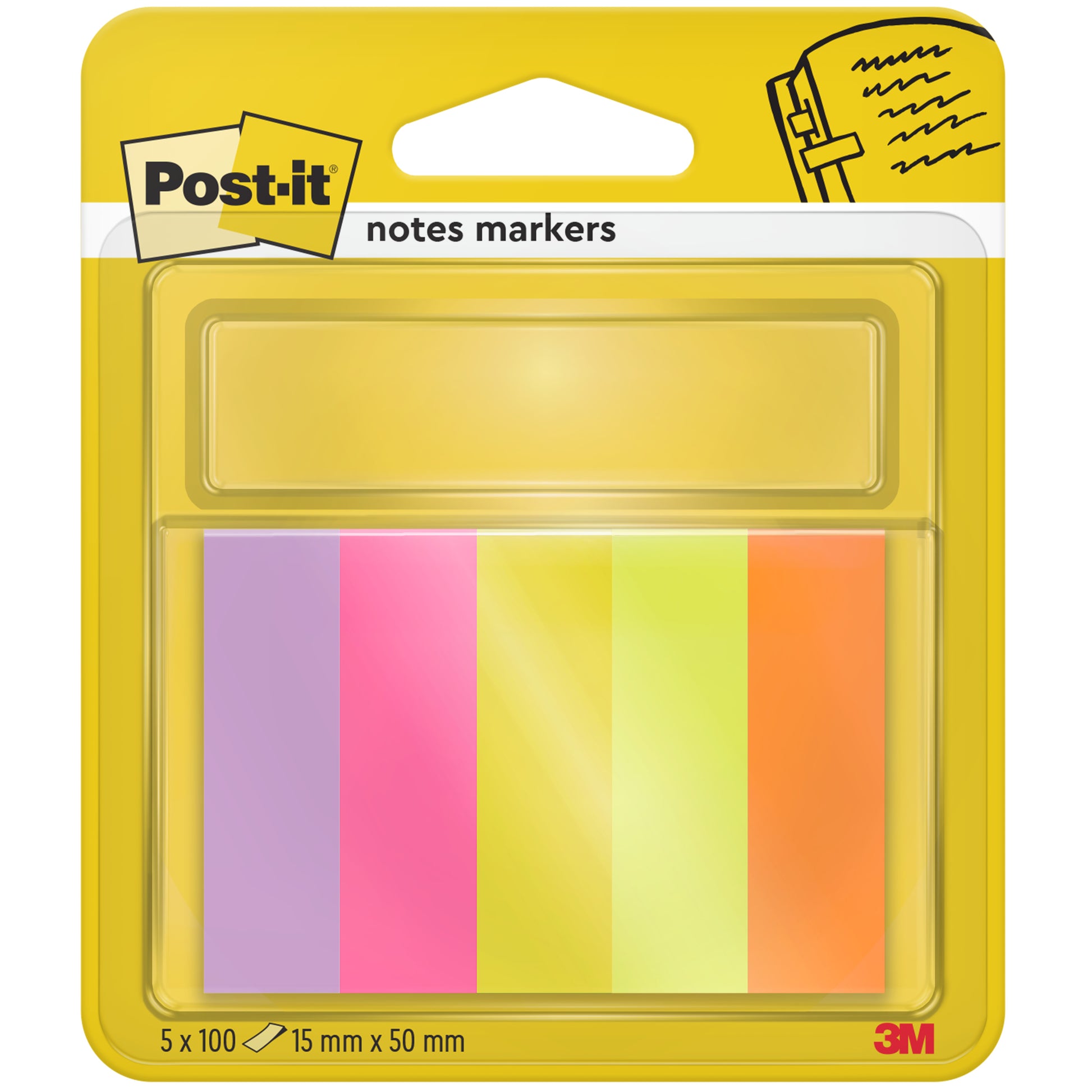 Die 3M Post-it® Page Marker Packung enthält fünf Blöcke im Format 15 x 50 mm (je 100 Blatt) in verschiedenen Farben, die alle auf gelbem Karton unter klarem Kunststoff hinterlegt sind. Hergestellt aus 100% PEFC-zertifiziertem Papier. Produkt: SGSCH-PEFC-COC-110078.