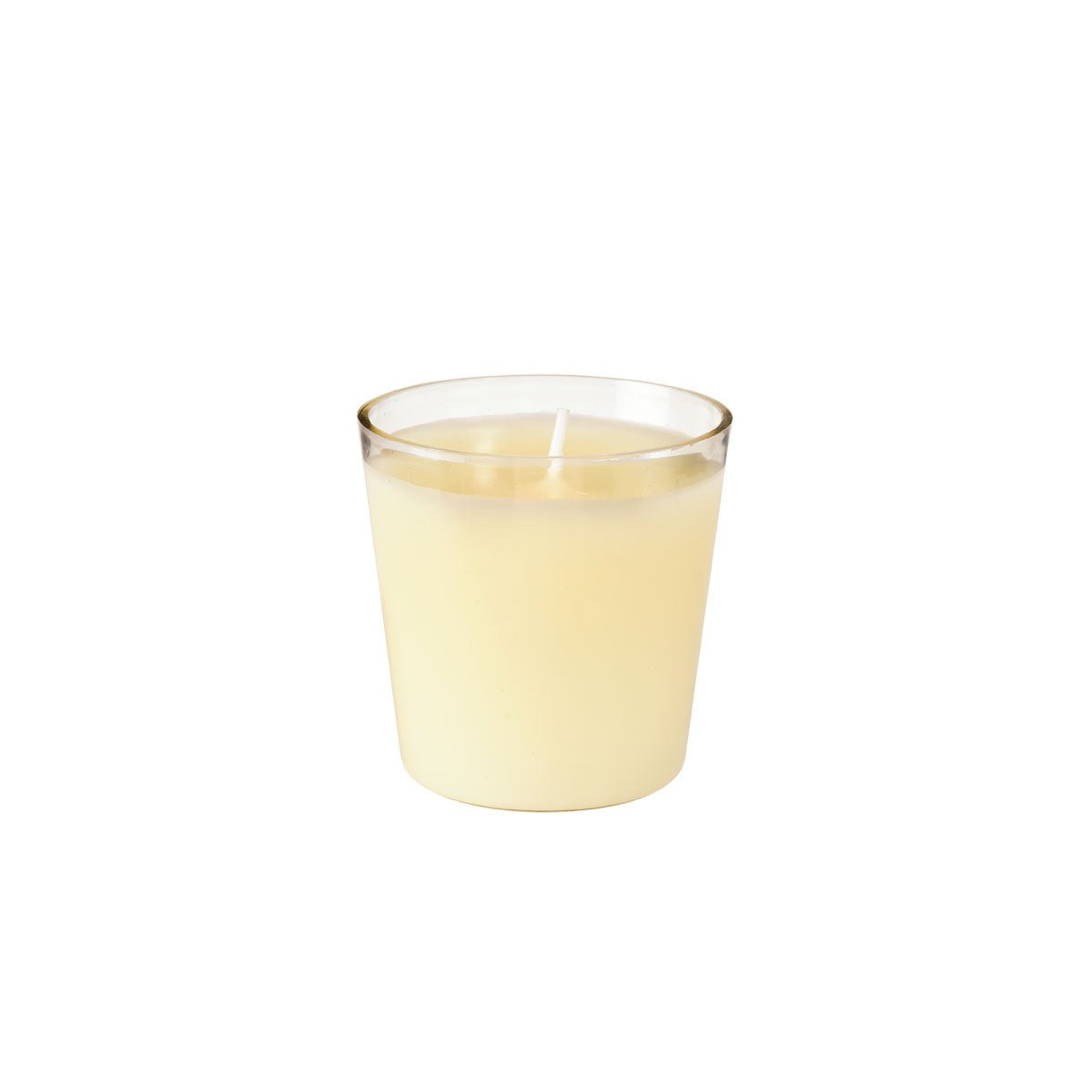 Det lilla, ljusgula påfyllningsljuset Switch & Shine från Duni GmbH finns i en transparent glashållare på vit bakgrund. Det har en lång brinntid (ca 30 timmar) och en vit veke som inte är tänd.