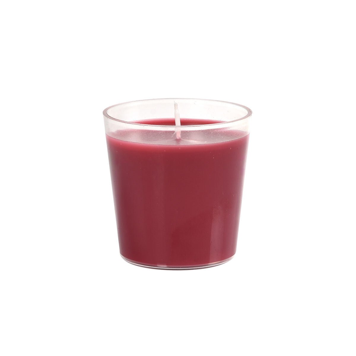 En liten, klar glasbehållare innehåller ett mörkrött påfyllningsljus Switch & Shine från Duni GmbH (ca 30 timmar, 65x65 mm), med en enda vit veke och extra lång brinntid, avbildad mot en enkel vit bakgrund.