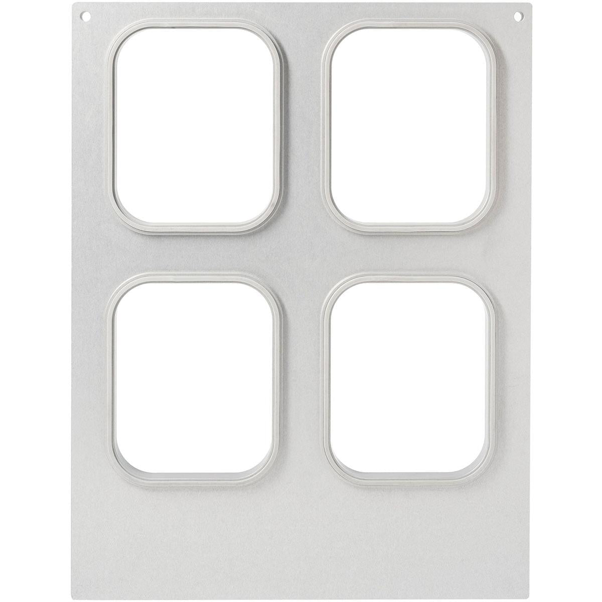 Kassetten för PP-skålar 350-630 ml, 4-fack från Duni GmbH är en rektangulär metallskål med fyra rundade fördjupningar i 2x2 arrangemang och två små hål i de övre hörnen för praktisk förvaring.