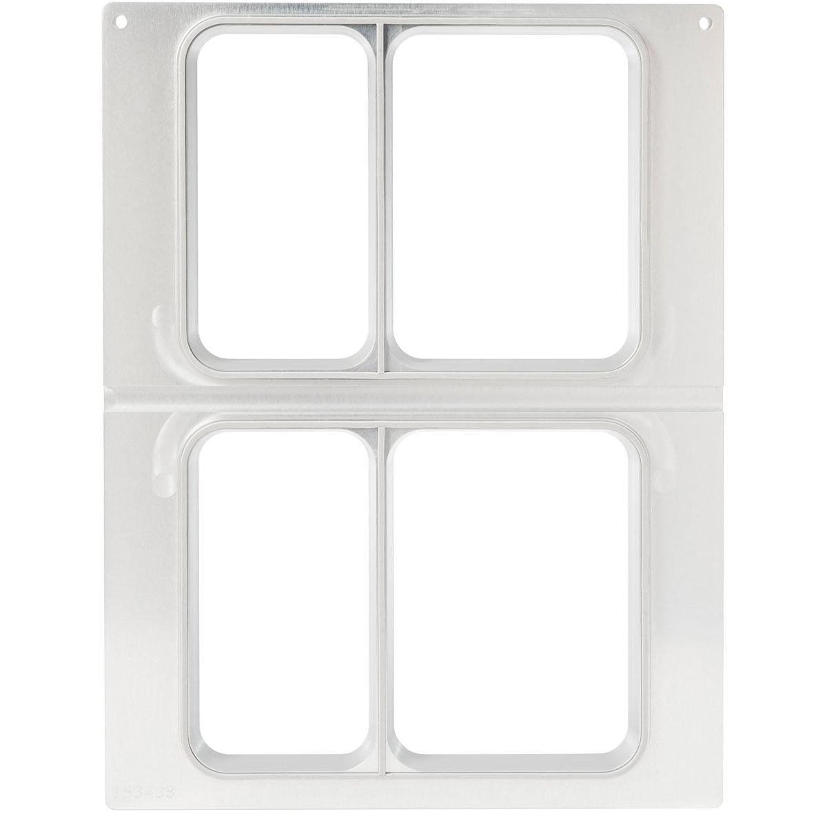 Kassetten DF15/25 från Duni GmbH är en klar plastmall med fyra rektangulära öppningar (2 rader), idealisk för CPET-skålar 515/370 ml och 655/455 ml. Varje öppning har upphöjda kanter, och ovanpå finns två små hål.