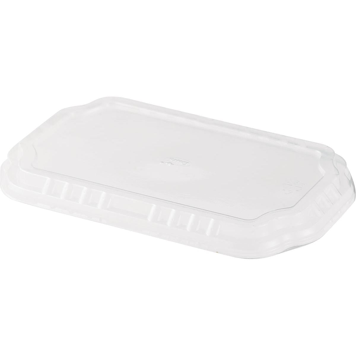Duni GmbH locket för Take-Away PP-skålar 256x163 mm av transparent APET syns på vit bakgrund. Det rektangulära, ribbade locket är perfekt för säker förpackning av mat. Förpackningen innehåller 246 stycken.