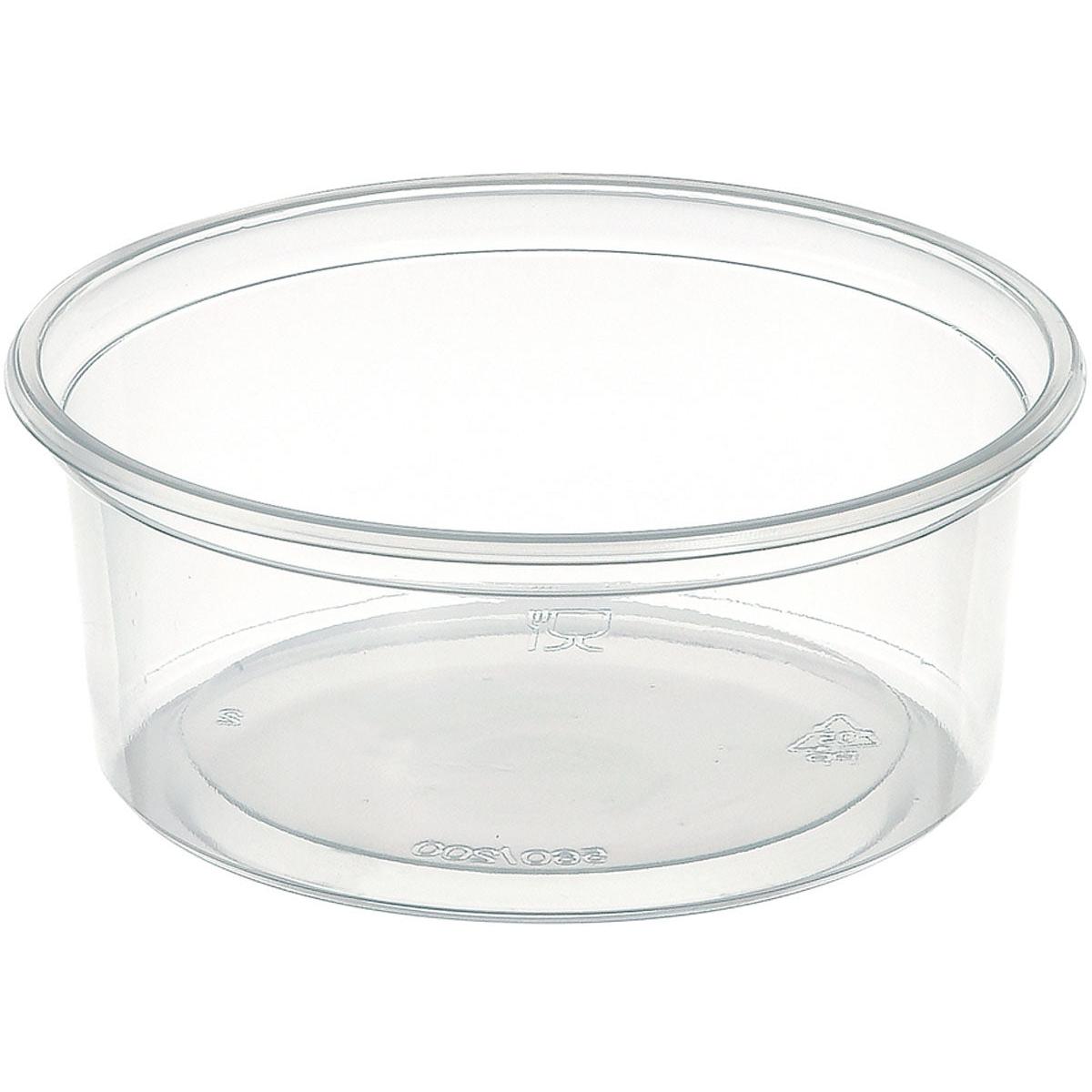 Ein klarer, runder Delipack rund Transparent PP 101x101 Behälter von Duni GmbH (Packung: 50 Stück) mit glattem Rand und ohne Deckel steht auf weißem Hintergrund. Recycling- und lebensmittelsichere Symbole sind sichtbar-ideal zur Aufbewahrung.