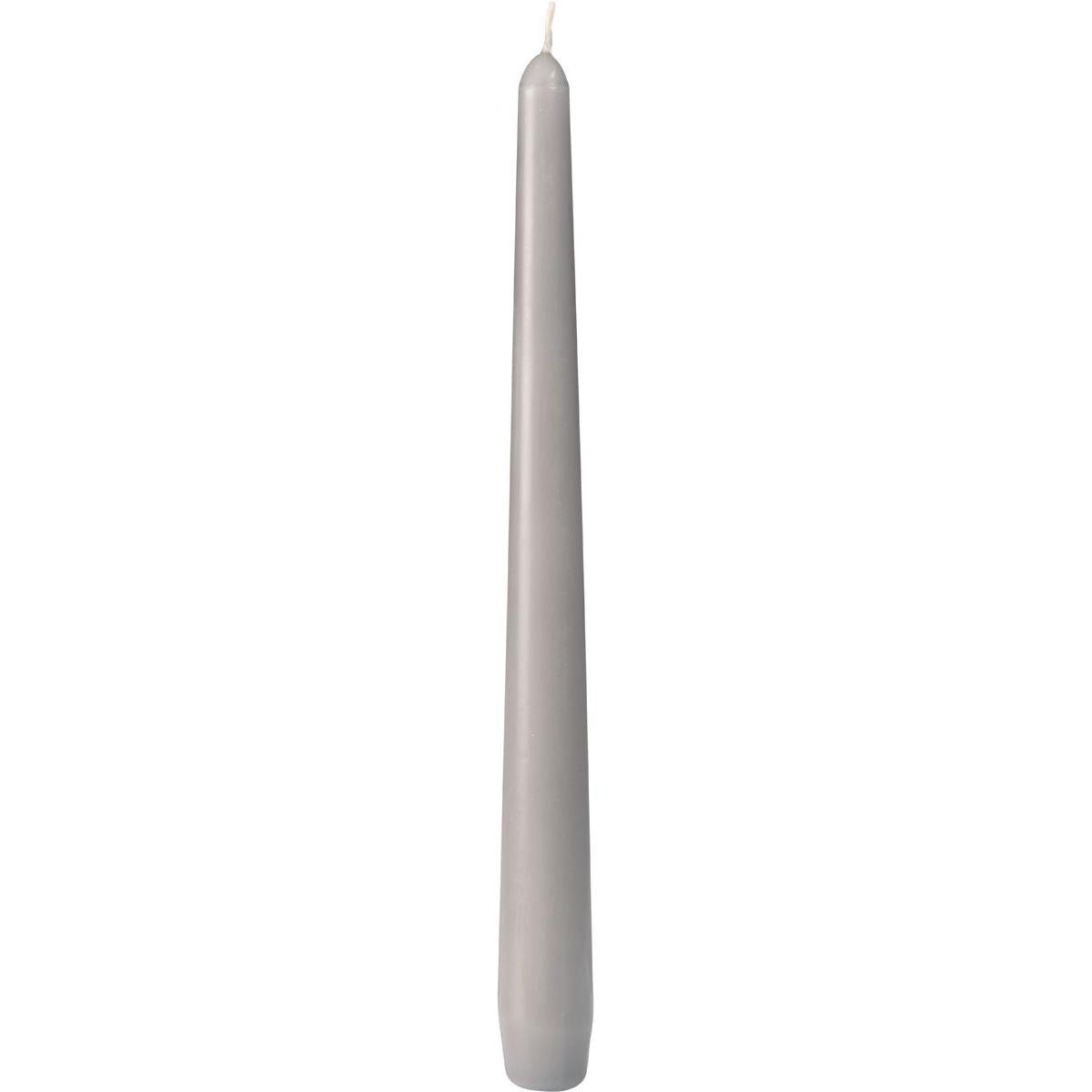 Ett släckt grått ljus från Duni GmbH (250 x 22 mm, ca. 7h brinntid) med slät yta och spetsig topp står upprätt mot en vit bakgrund.
