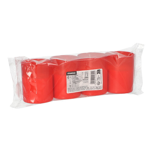 En transparent plastförpackning innehåller fyra röda PAPSTAR gravljus "timmarsbrännare" (Ø 5 cm, 6,5 cm hög) från PAPSTAR GmbH, som på framsidan har en vit etikett med produktinformation och streckkod.