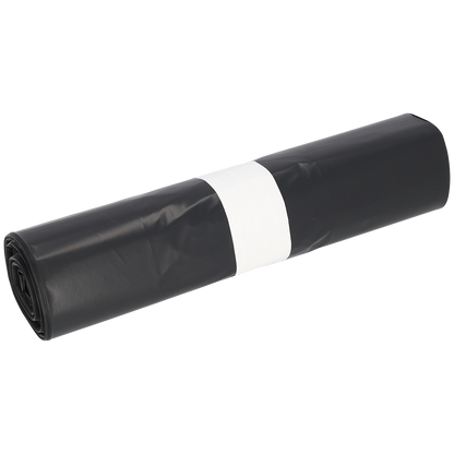 Eine Rolle DEISS Müllsäcke 575x1000x0,06 mm aus Recycling-LDPE 70 l von EMIL DEISS KG (GmbH + Co.) ist mit einer weißen Papierbanderole in der Mitte sauber verpackt und vor einem schlichten weißen Hintergrund ausgestellt.