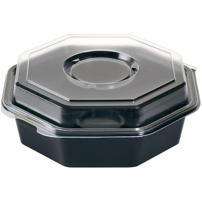 Octaview® med glas Svart / Transparent PS livsmedelsbehållare från Duni GmbH är en svart, åttkantig plastbehållare med ett klart, påsatt lock som är snett stängt på en vit bakgrund.