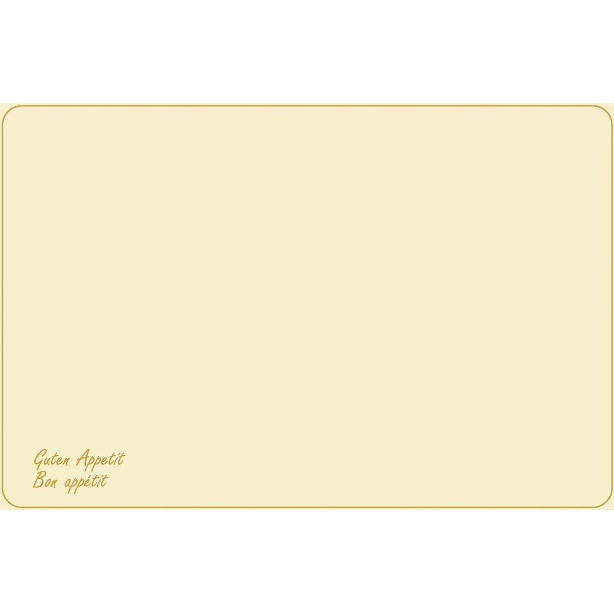 Dunicel-bordsunderläggen (Vesca Norm) 33 x 48 cm Guten Appetit från Duni GmbH har en obehandlad beige design med tunn brun kant, avrundade hörn och "Guten Appetit Bon appétit" i liten brun skrift längst ner till vänster - idealisk för det stilfullt dukade bordet.