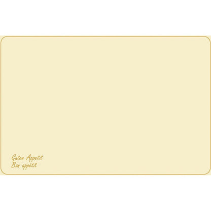 Dunicel-bordsunderläggen (Vesca Norm) 33 x 48 cm Guten Appetit från Duni GmbH har en obehandlad beige design med tunn brun kant, avrundade hörn och "Guten Appetit Bon appétit" i liten brun skrift längst ner till vänster - idealisk för det stilfullt dukade bordet.