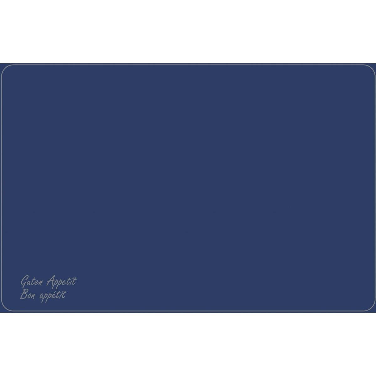 Ett rektangulärt 33 x 48 cm stort Dunicel-bordsunderlägg från Duni GmbH i mörkblått, dekorerat med vita kanter och "Guten Appetit" & "Bon appétit" i skrivstil i hörnet. Perfekt för eleganta bordsunderlägg från Vesca Norm.