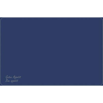 Ett rektangulärt 33 x 48 cm stort Dunicel-bordsunderlägg från Duni GmbH i mörkblått, dekorerat med vita kanter och "Guten Appetit" & "Bon appétit" i skrivstil i hörnet. Perfekt för eleganta bordsunderlägg från Vesca Norm.