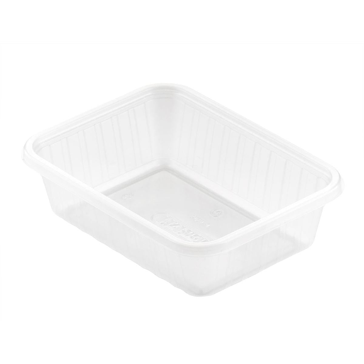 Avbildad är en Fixpack® rektangulär Transparent PP 146x110mm förvaringslåda från Duni GmbH med räfflade sidor och utan lock på vit bakgrund.
