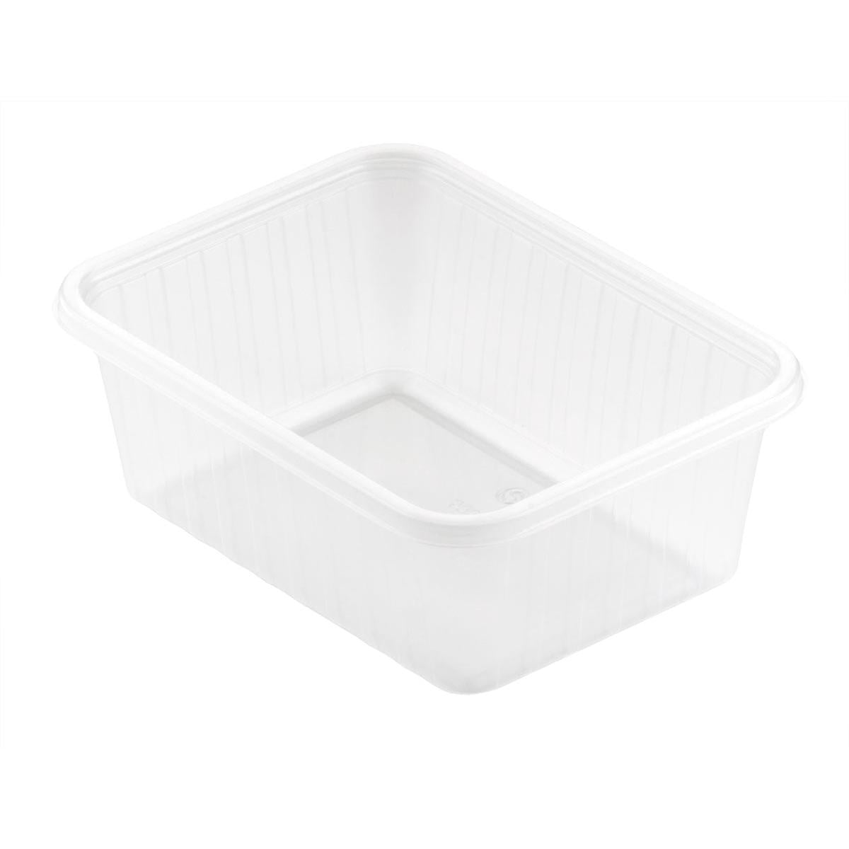 Fixpack® rektangulär Transparent PP 146x110mm från Duni GmbH är en rektangulär, klar förvaringslåda med lätt upphöjda kanter och slät yta. Den tomma behållaren står på vit grund och är öppen upptill.