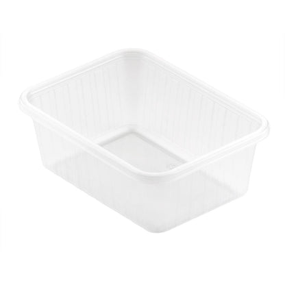 Fixpack® rektangulär Transparent PP 146x110mm från Duni GmbH är en rektangulär, klar förvaringslåda med lätt upphöjda kanter och slät yta. Den tomma behållaren står på vit grund och är öppen upptill.