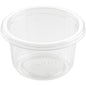 Den Duni GmbH Dressingbägare Fixpack Transparent APET 80x80x46 mm (förpackning 50 stycken) är en liten, räfflad, bredkantad behållare, idealisk för såser eller kryddor, tom på vit bakgrund avbildad.