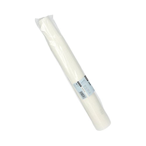 En förseglad plastförpackning med 100 dryckesbägare av PP från Starpak är staplad framför en enkel vit bakgrund - idealisk för evenemang.