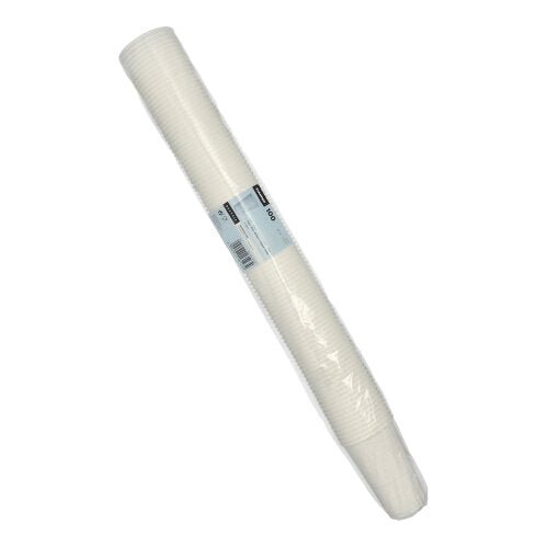 En förseglad stapel Starpak 100 dryckesbägare av vit PP, omsluten av klar plastfolie med en streckkodsetikett i mitten - idealisk för evenemang.