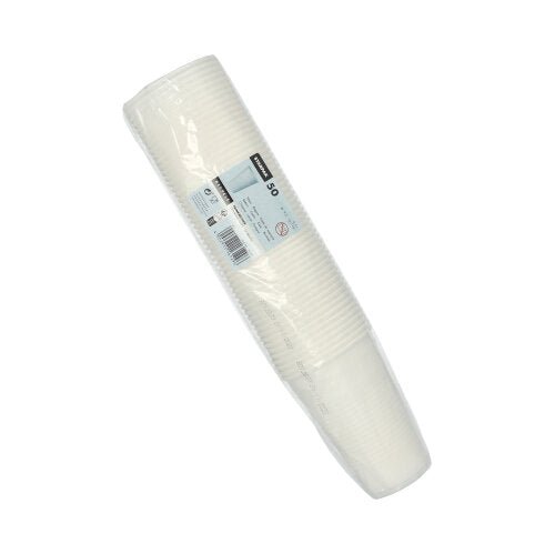 En plastförpackad stapel med 50 vita Starpak 0,5L PP-dryckesbägare (Ø 9,5 cm · 13,7 cm) med skumkant och produktinformation på en rektangulär etikett som är fäst på förpackningen.