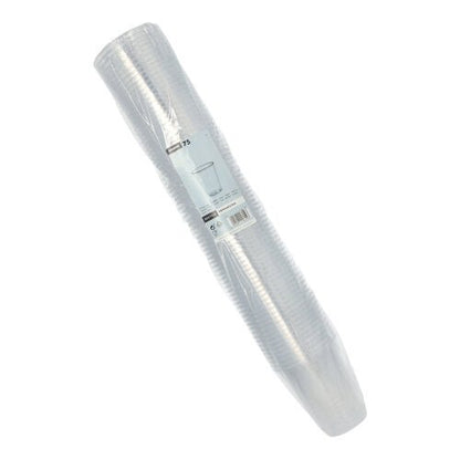 En stapel Starpak 75 dricksmuggar, PS klar med skumkant, förpackad i en transparent plastförpackning med en vit etikett som visar produktinformationen.