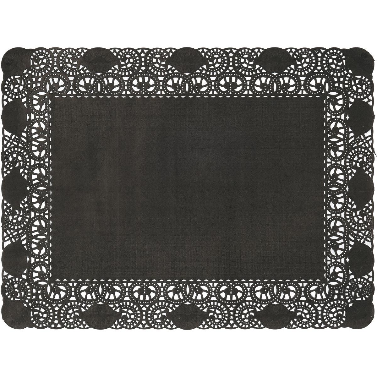 Das Duni GmbH Deko-Spitzenpapier 30x40 cm in schwarz ist ein hochwertiges, rechteckiges Dekorationspapier mit spitzenförmig ausgeschnittenen Rändern und Wellenschliff - ideal für die elegante Tischgestaltung. Die Packung enthält 250 Stück.