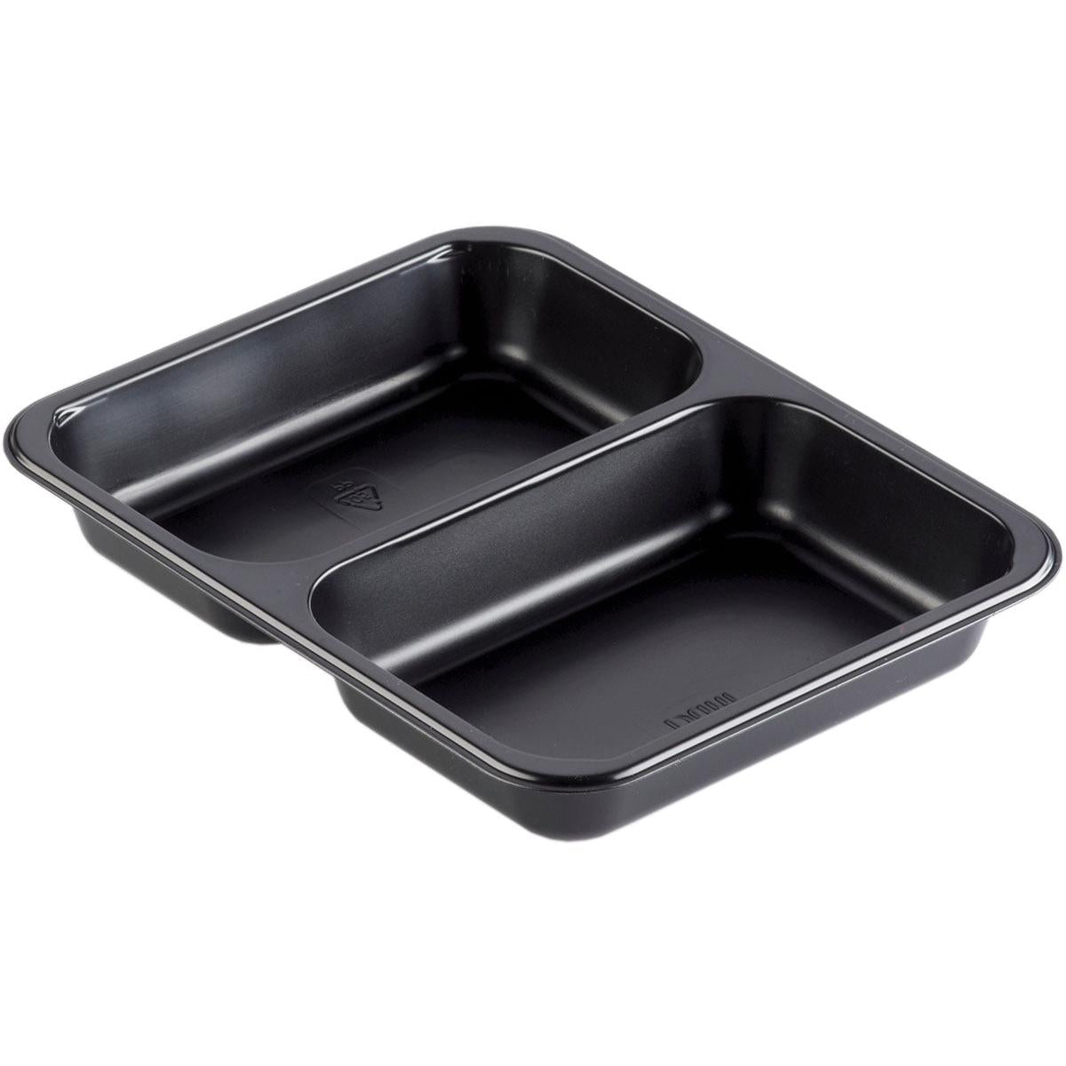 Die PP-Schale Caterline 2 Schwarz PP 227x178 von Duni GmbH ist eine rechteckige Schale mit zwei abgerundeten Fächern, ideal für Catering-Events und wird auf weißem Hintergrund präsentiert.