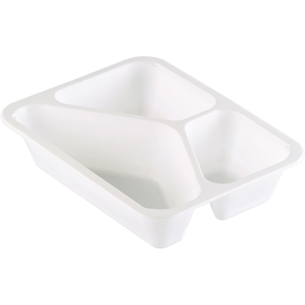 PP-skålen Caterline 3 Vit PP 227x178 från Duni GmbH, en vit plastbricka med tre fack, är den perfekta cateringservisen för en organiserad matpresentation.