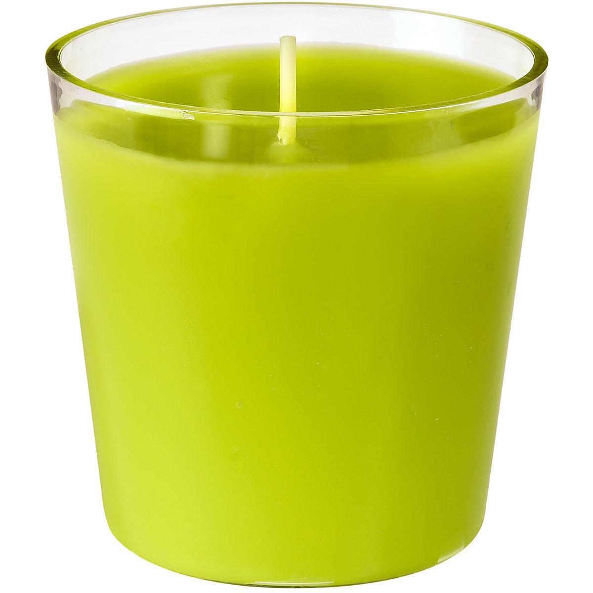 Påfyllningsljuset Switch & Shine från Duni GmbH, ett grönt påfyllningsljus (ca 30 timmar, 65x65 mm) i en klar glashållare med en veke, presenteras mot en enkel vit bakgrund.
