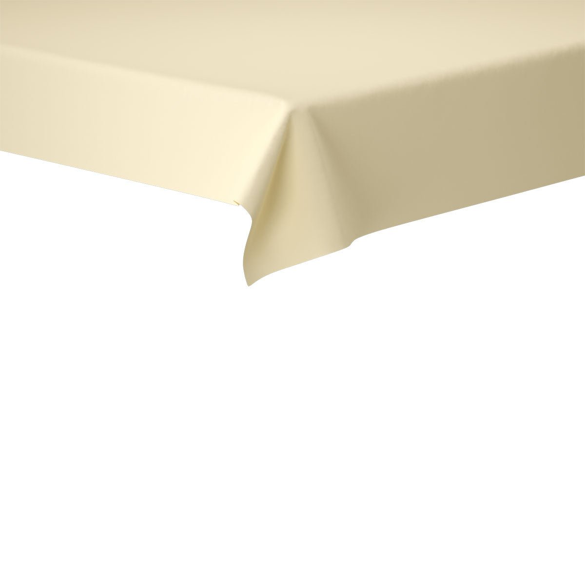 Den rektangulära Evolin-bordsduken från Duni GmbH i beige (127 x 127 cm) ligger med mjuka veck över hörnet av ett bord mot en enkel vit bakgrund.