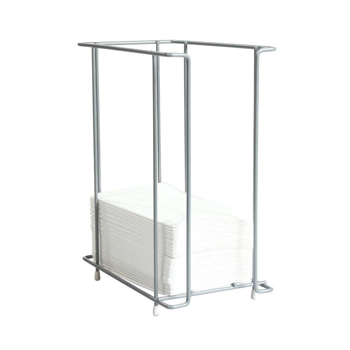 Den metallservettdispensern 24 cm för 1/4F servetter från Duni GmbH är en elegant, rektangulär, öppen ramsdispenser med fyra vita fötter som håller en stapel servetter.