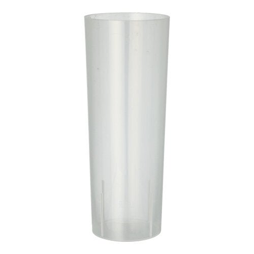 Starpak 10, ett återanvändbart glas för longdrinks från märket Starpak, står tomt och upprätt mot en enkel vit bakgrund – det miljövänliga, cylindriska plastglaset är perfekt för longdrinks.