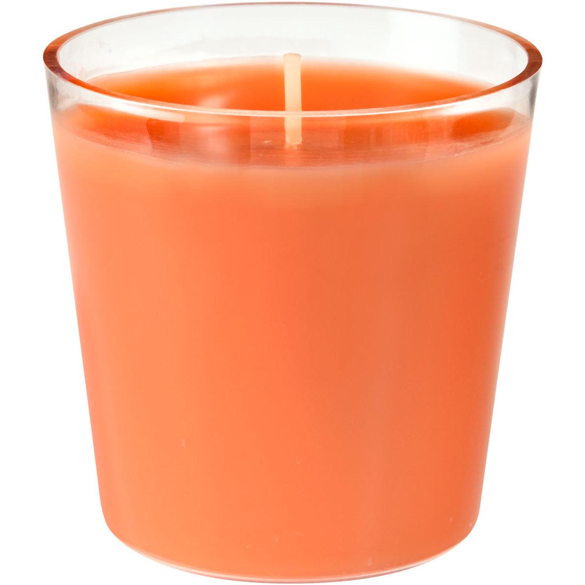 En närbild av påfyllningsljuset Switch & Shine från Duni GmbH, ett orangefärgat vaxljus (ca 30 timmar, 65 x 65 mm) i en klar glasbehållare, med en centrerad veke på den släta, obelysta ytan för en lång brinntid.