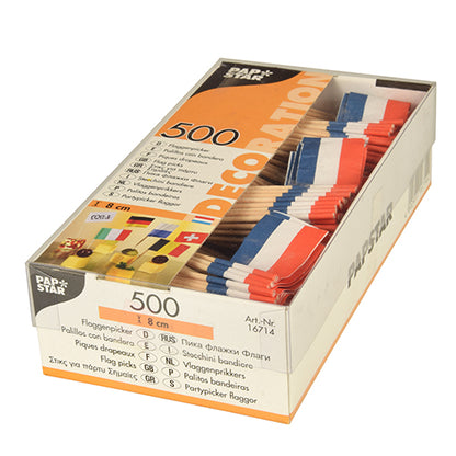 En låda med 500 PAPSTAR dekorationspinnar 8 cm vit från PAPSTAR GmbH, idealisk för stilfulla presentationer. Den genomskinliga förpackningen bär texten 'Pap Star' och innehåller produktdetaljer på flera språk.