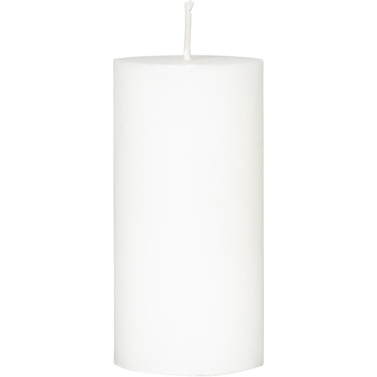 Ett Duni GmbH blockljus av stearin (vitt, 100x50mm) står upprätt mot en vit bakgrund. Ljuset är doftfritt, har en veke och erbjuder upp till 50 timmars brinntid per styck.