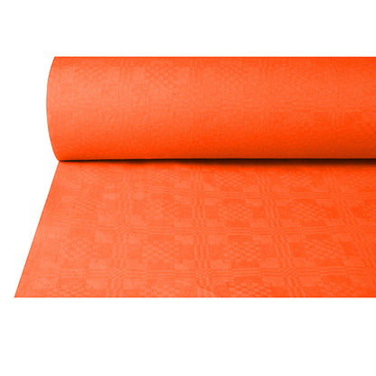 En delvis avrullad PAPSTAR pappersduk med damastprägling (50 m x 1 m) från PAPSTAR GmbH i lysande orange med subtilt fyrkantigt och linjemönster, perfekt för festliga tillfällen. Avbildad på enkel vit bakgrund.