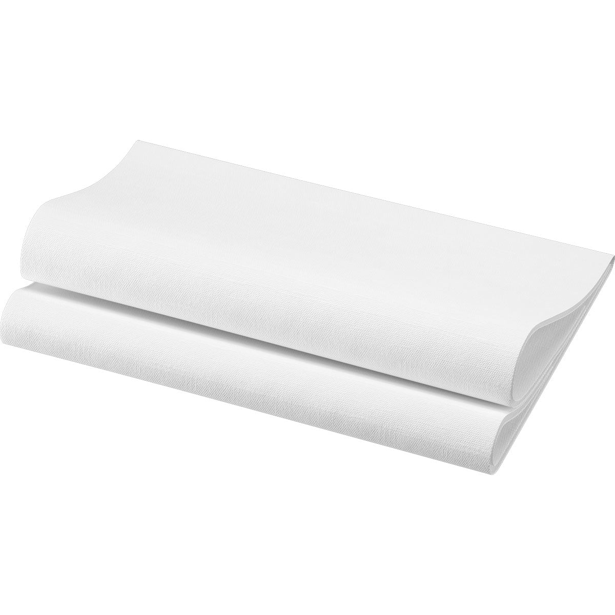 En vikt vit Dunisoft-servett 48 x 48 cm 1/4 vikning från Duni GmbH visas på en enfärgad vit bakgrund som betonar den släta, rena texturen och den högkvalitativa kvaliteten.