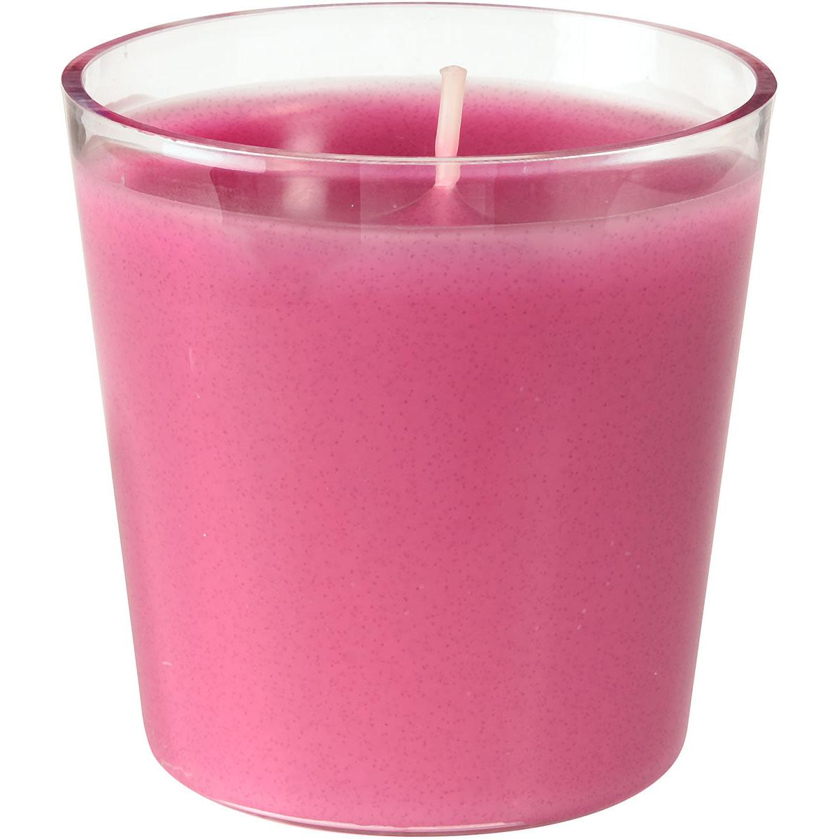 Påfyllningsljuset Switch & Shine från Duni GmbH är en rosa vaxpåfyllning i ett klart glas, med en centralt placerad vit veke. Det släta vaxet erbjuder ca 30 timmars brinntid och fyller den 65 x 65 mm stora behållaren för långvarig njutning.