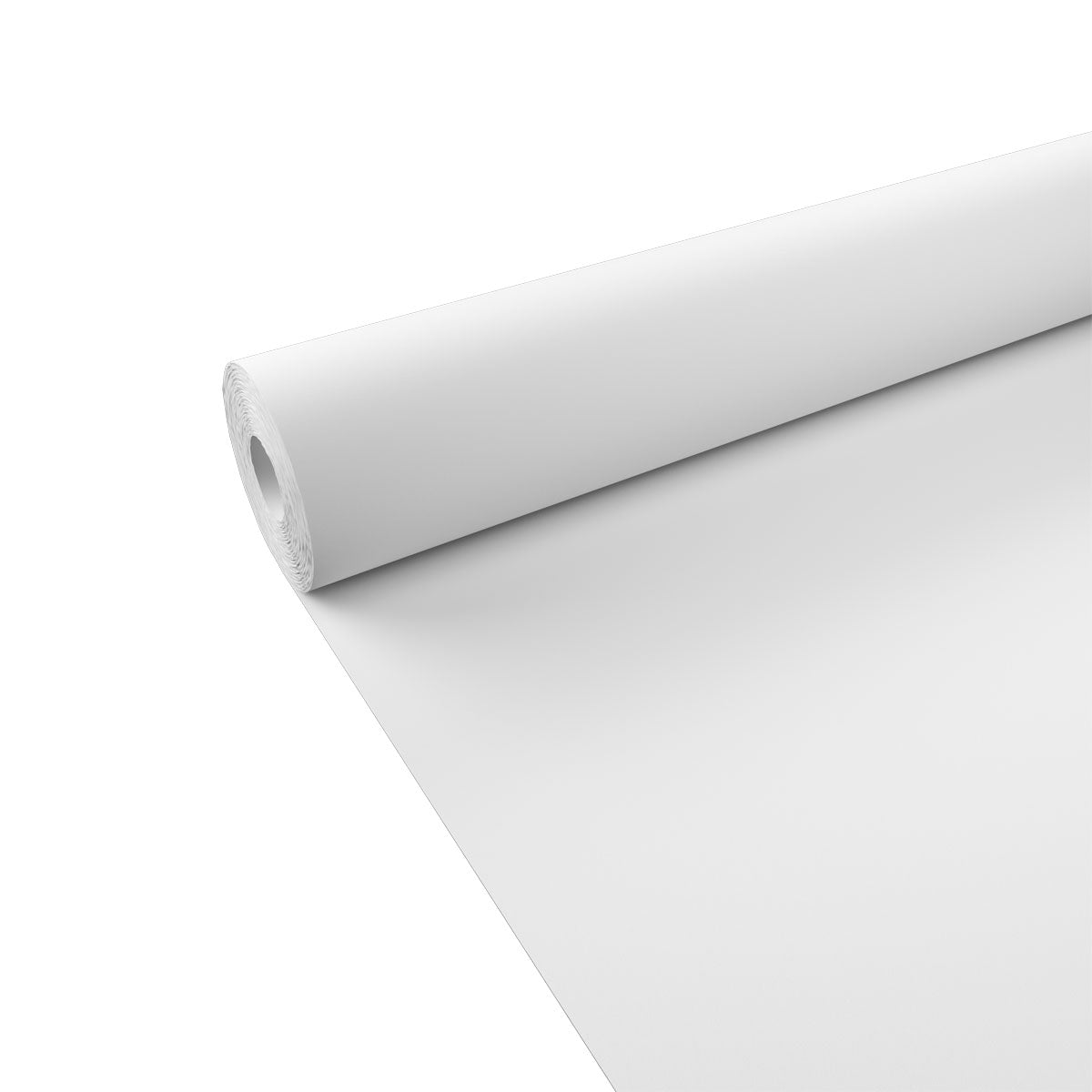 En rulle av Duni GmbH pappersbordsduk rulle 100x1,0 m - Vit engångsbordsduk rullas delvis ut på vit bakgrund och visar därmed sin släta, cylindriska form - idealisk för en stilfull bordsdekoration.
