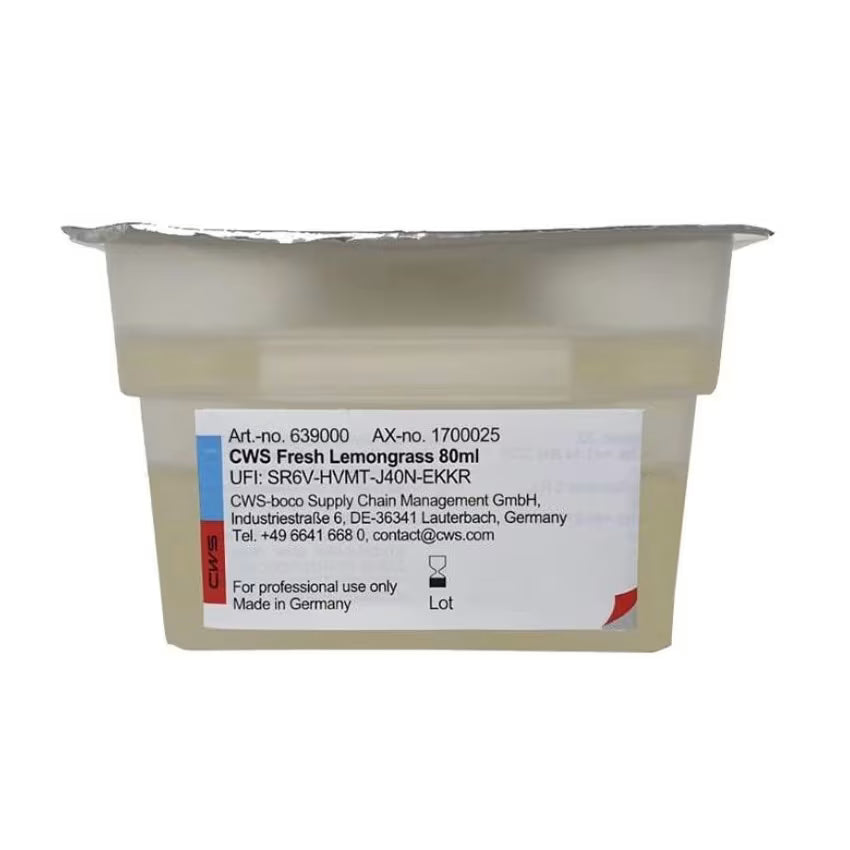 Ein versiegelter Kunststoffbehälter mit der Aufschrift "CWS ParadiseLine Waschraumduft für Duftspender Paradise Air Bar" von CWS, mit Foliendeckel und Kontaktetikett, ist nur für die professionelle Verwendung von Waschraumduft bestimmt.