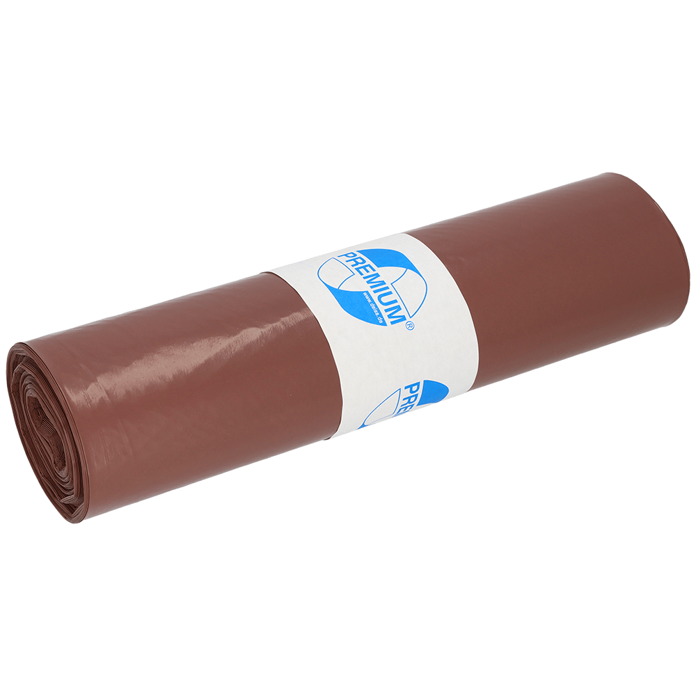 En rullad brun EMIL DEISS KG DEISS 17001 typ 60 soppåse (700x1100 mm, 25 stycken/rulle) med en vit-blå "Premium"-etikett i mitten, på vit bakgrund.