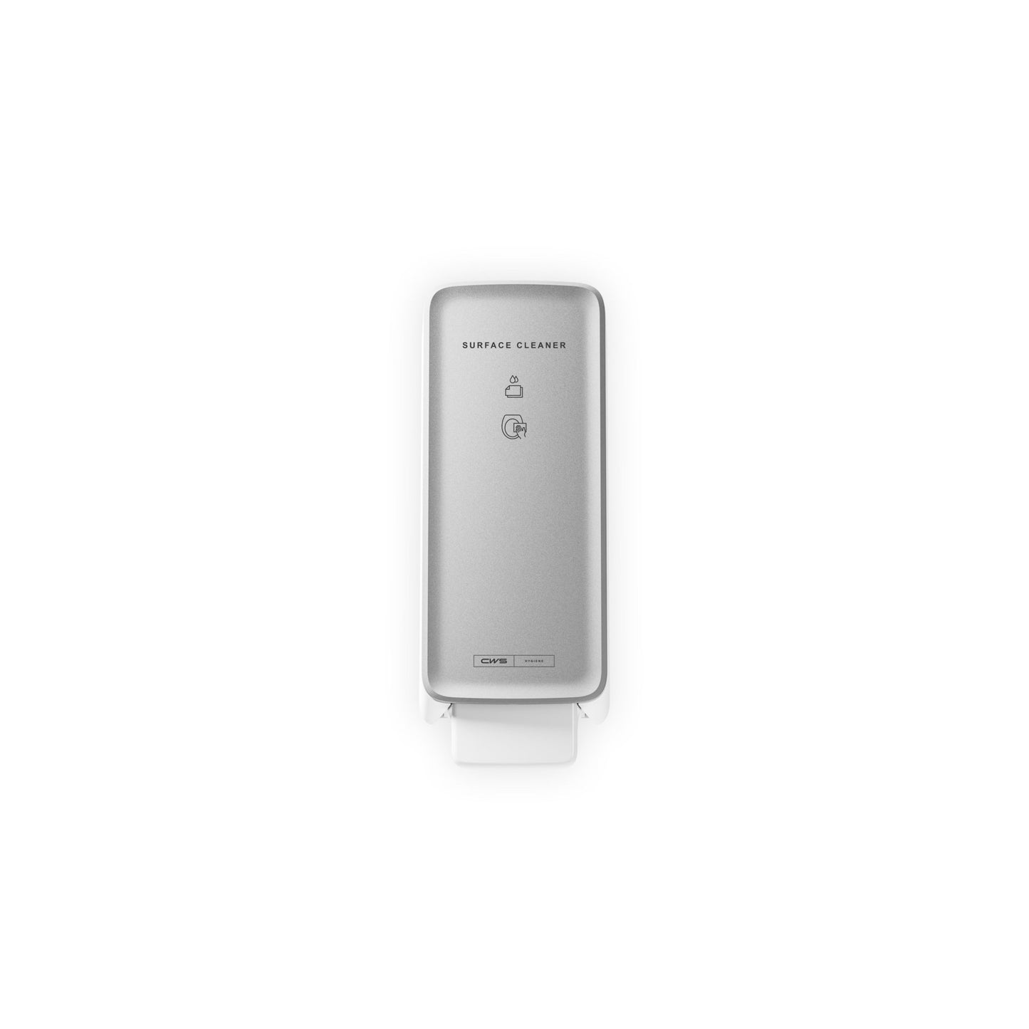 CWS PureLine Frontpanel för Surface Cleaner Toilette är en silverfärgad, väggmonterad dispenser med synlig tryckspak, minimala textinstruktioner och modern design, avbildad mot en vit bakgrund.
