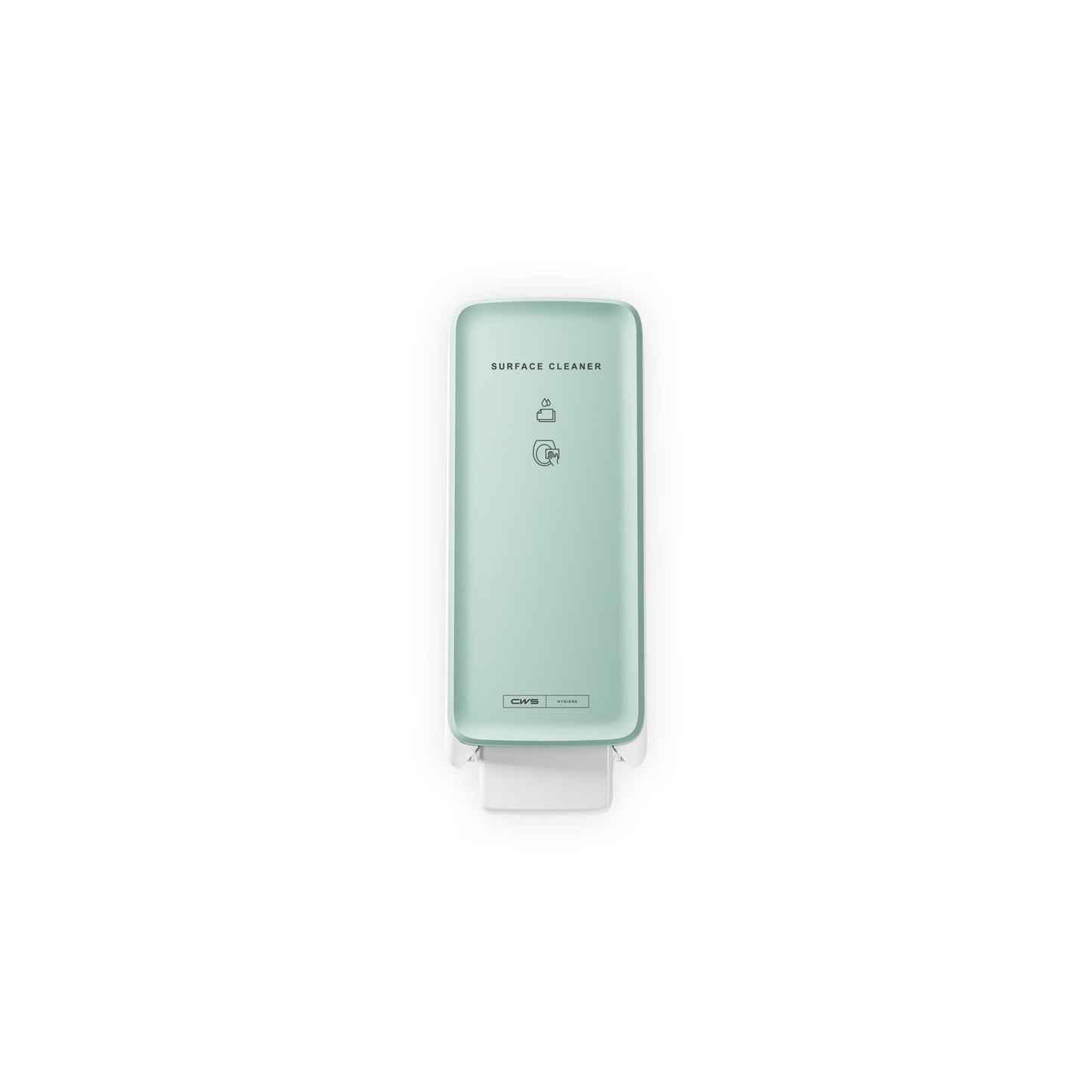 CWS PureLine Frontpanel för ytrengöraren Toilette från CWS är en ljusgrön, väggmonterad dispenser med modern design, en tryckspak på undersidan och enkel svart text/symbolik som står ut från en enkel vit bakgrund.