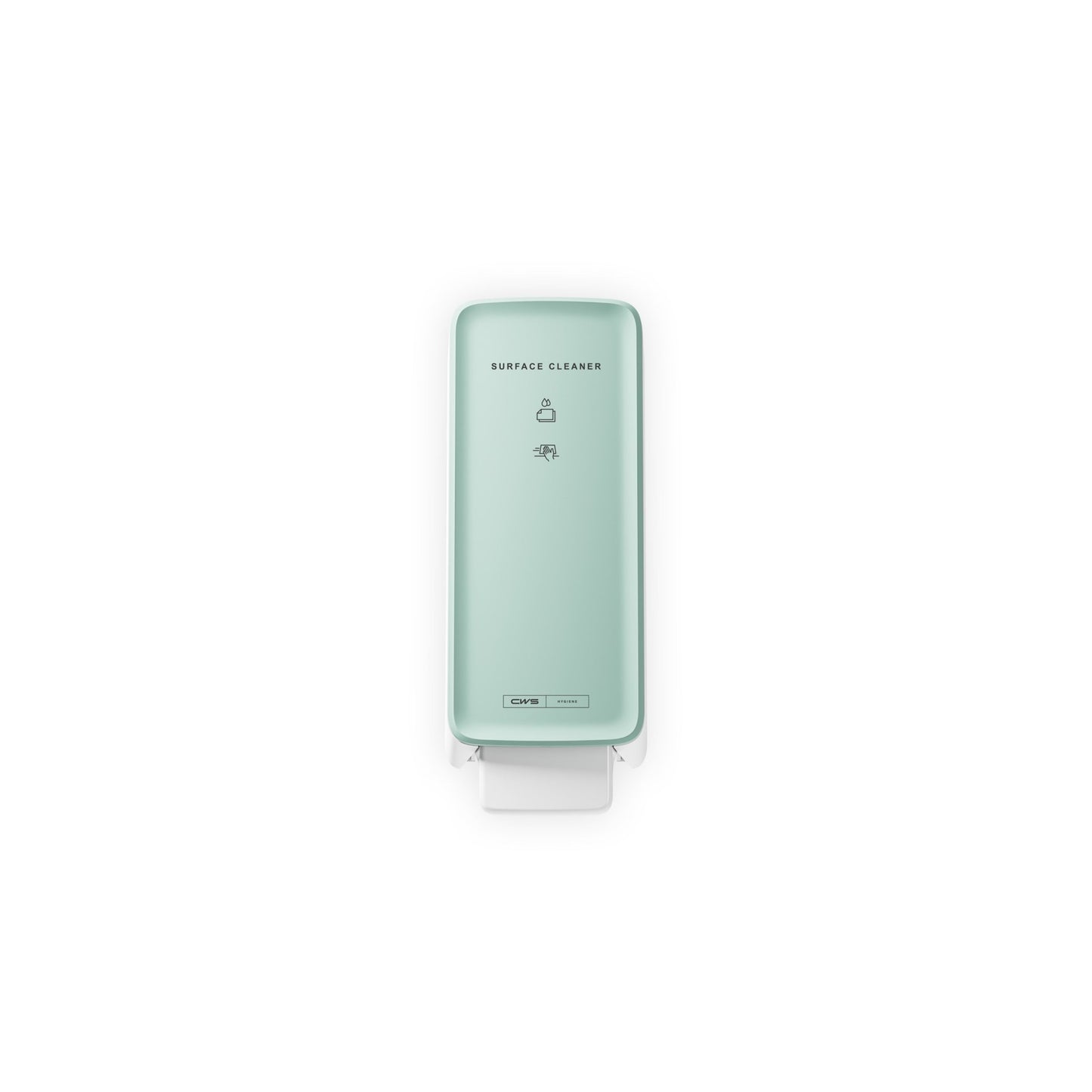 CWS PureLine frontpanel för Surface Cleaner/NT-dispenser i ljusgrön erbjuder en hygienisk lösning med symboler och text på framsidan, som visas mot en vit bakgrund.