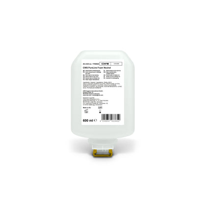 Eine 600-ml-Flasche CWS PureLine Foam Standard Handseife von CWS mit einem Frontetikett mit Angaben, Inhaltsstoffen und Barcode sowie einer gelben Spenderdüse - ideal für jeden Schaumseifenspender zur Gewährleistung einer optimalen Handhygiene.