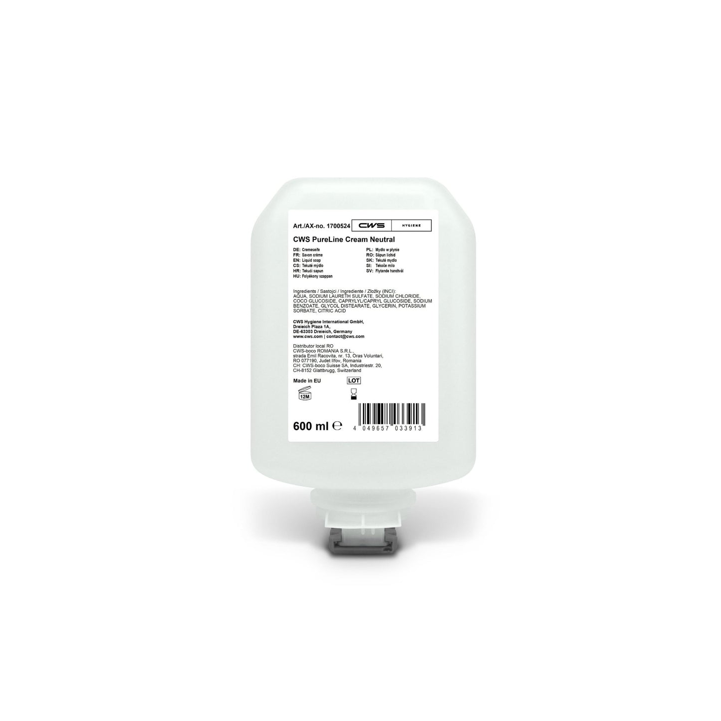 CWS PureLine Cream Neutral 600 ml-flaskan har utvecklats för daglig användning på känslig hud och är försedd med ingredienser och produktinformation på en vit etikett med transparent bottenförslutning.
