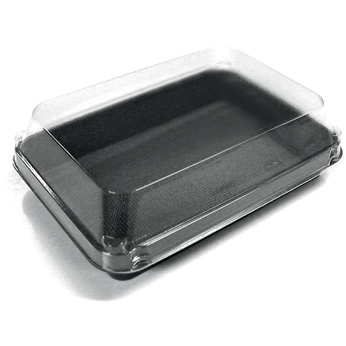 Duni GmbH Lunchbox Schwarz / Transparent PS 185x135x54 (Förpackning à 200 stycken) är en tydlig, rektangulär lockbehållare som är idealisk för att packa bakverk eller sallader to-go och avbildas tom på en vit yta.