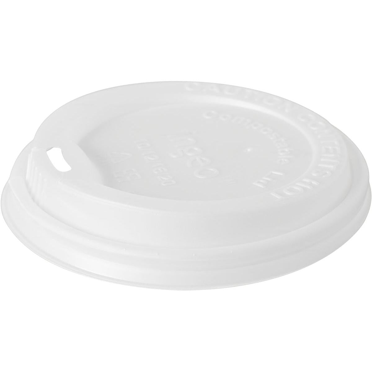 Avbildad är ett vitt CPLA-lock för 191952 från Duni GmbH (förpackning med 50 stycken) mot en enfärgad bakgrund, med en liten dricköppning och präglade säkerhets-/nedbrytningsanvisningar.