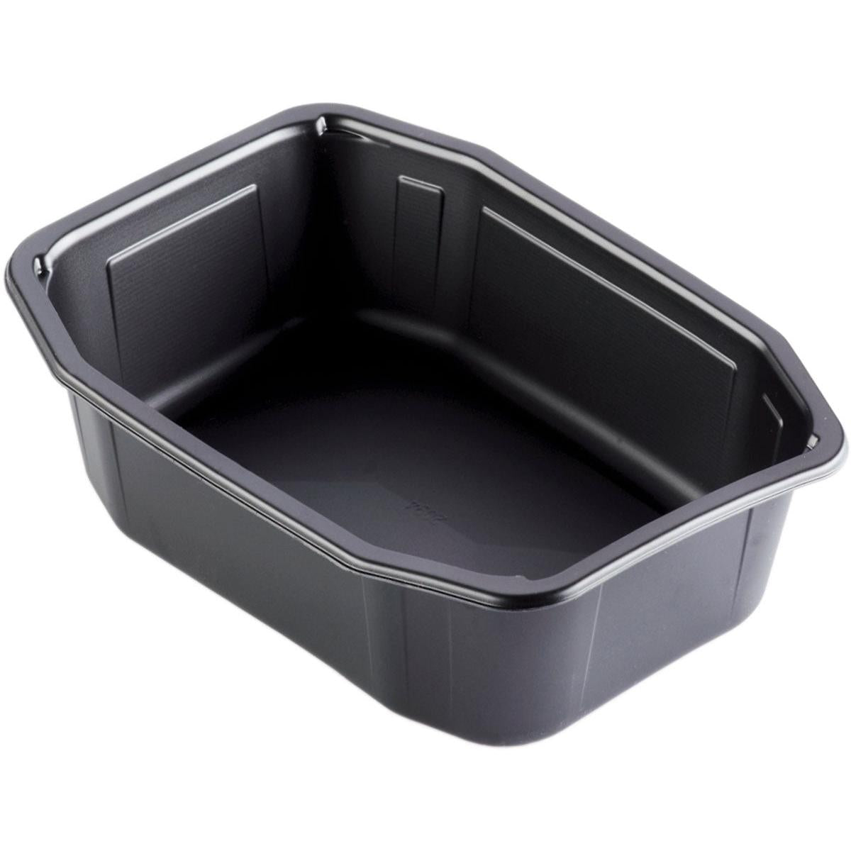 PP-skålen HMR Svart PP 215x148 från Duni GmbH är en svart, rektangulär, återanvändbar polypropylenskål med lätt lutande sidor och rundade hörn, visad tom på vit bakgrund.