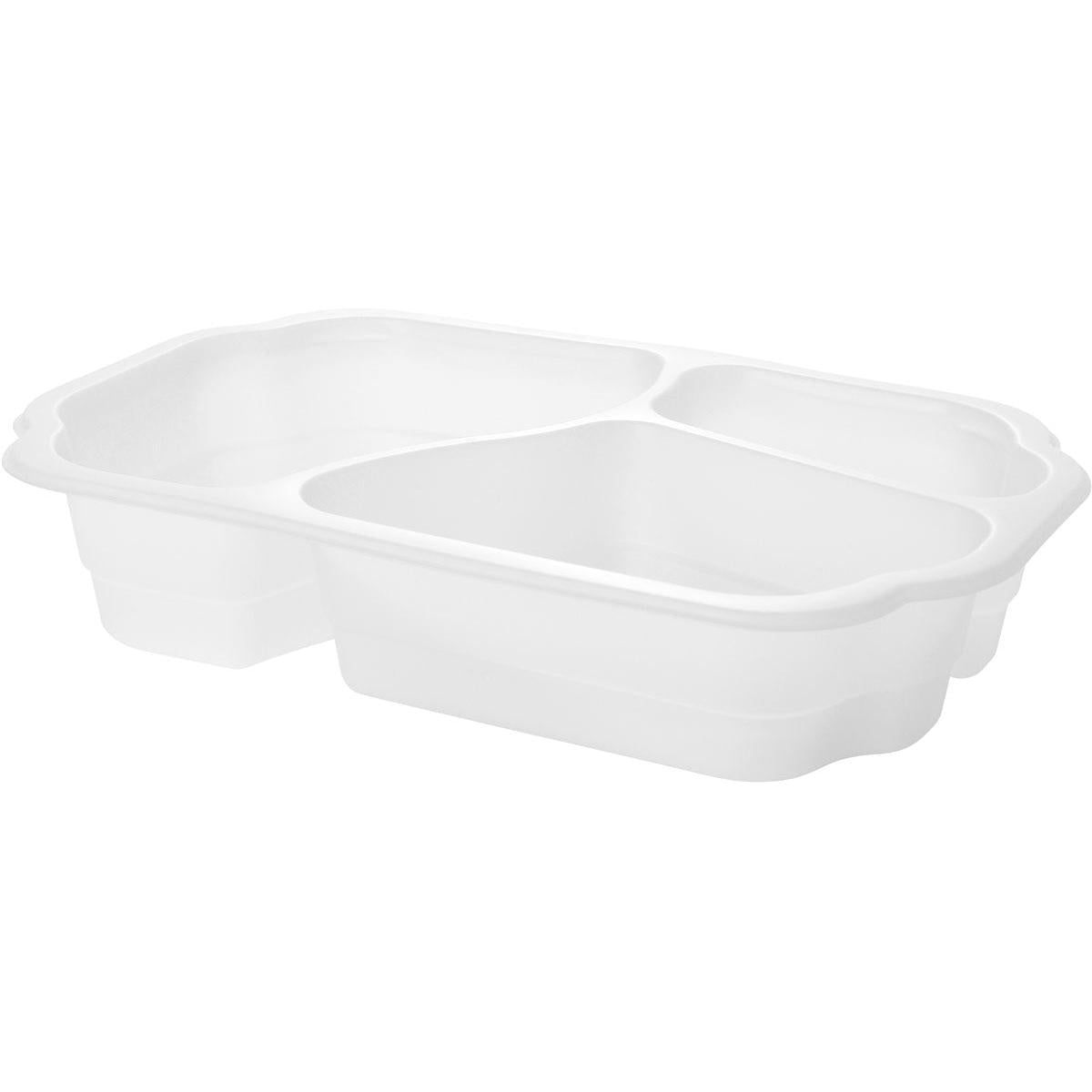 En vit bioplastskål Take-Away 3 från Duni GmbH (250x159x48 mm) är avbildad snett. Den har tre fack med rundade kanter, som är åtskilda av upphöjda skiljeväggar. Skålen är tom och består av plast.