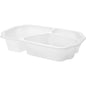 En vit bioplastskål Take-Away 3 från Duni GmbH (250x159x48 mm) är avbildad snett. Den har tre fack med rundade kanter, som är åtskilda av upphöjda skiljeväggar. Skålen är tom och består av plast.