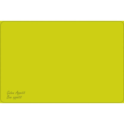 Duni GmbH Dunicel-bordsunderlägg (Vesca Norm) 33 x 48 cm visar en enkel gul rektangel med tunn svart kant, avrundade hörn och "Guten Appetit" och "Bon appétit" i skrivstil längst ner till vänster; resten är tomt.